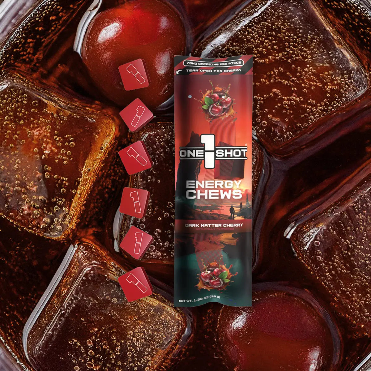 1 Shot® Dark Matter Cherry Energy Chews ft. Stellaris® (6 Piece Sleeve) on Fruit Background