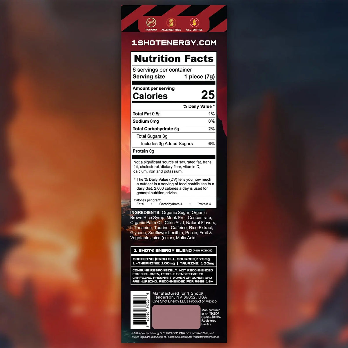 1 Shot® Dark Matter Cherry Energy Chews ft. Stellaris® (6 Piece Sleeve) Nutritional Information