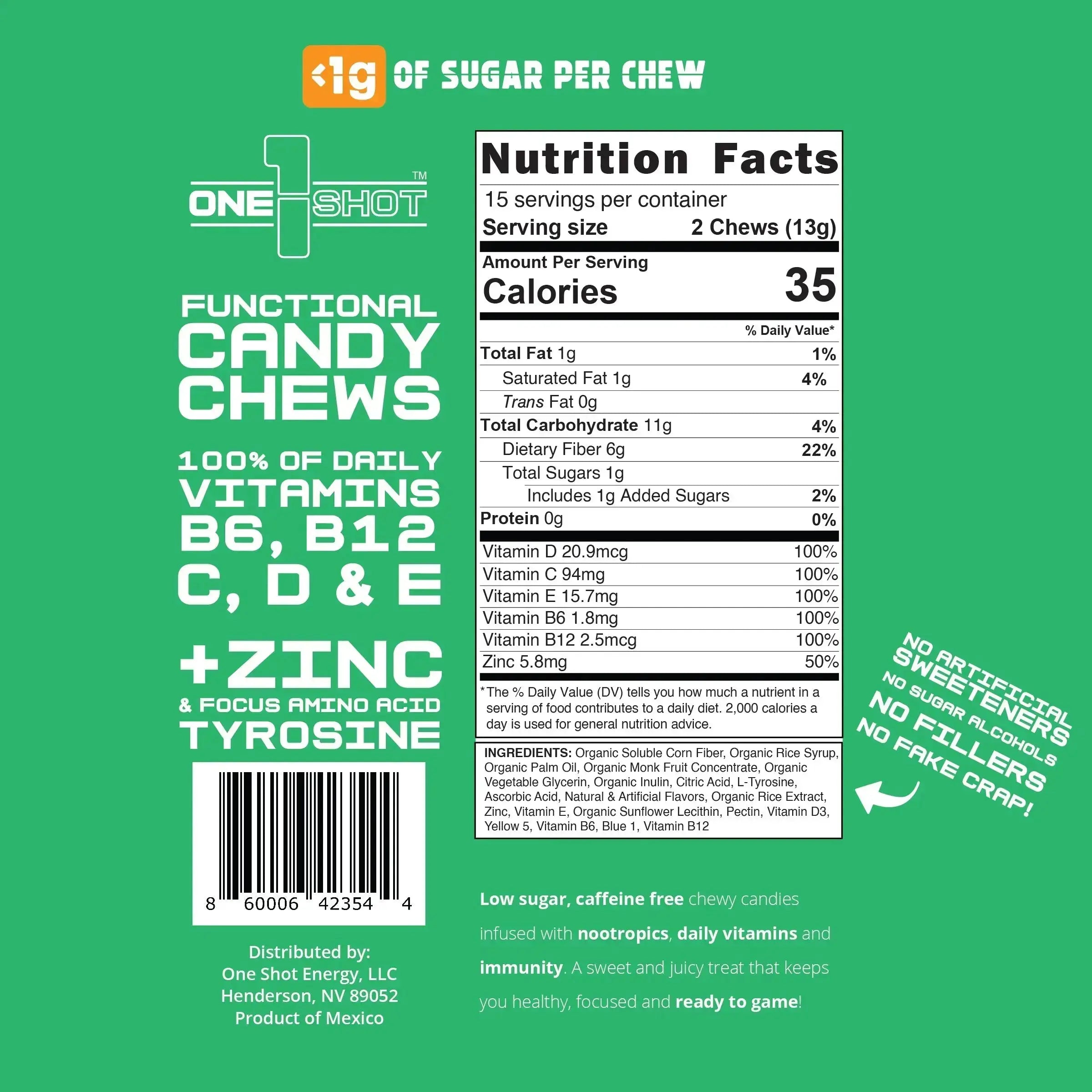 Lemon Lime Focus Chews | Nootropics, Vitamins & Immunity (30 Pieces) 1 Shot Energy