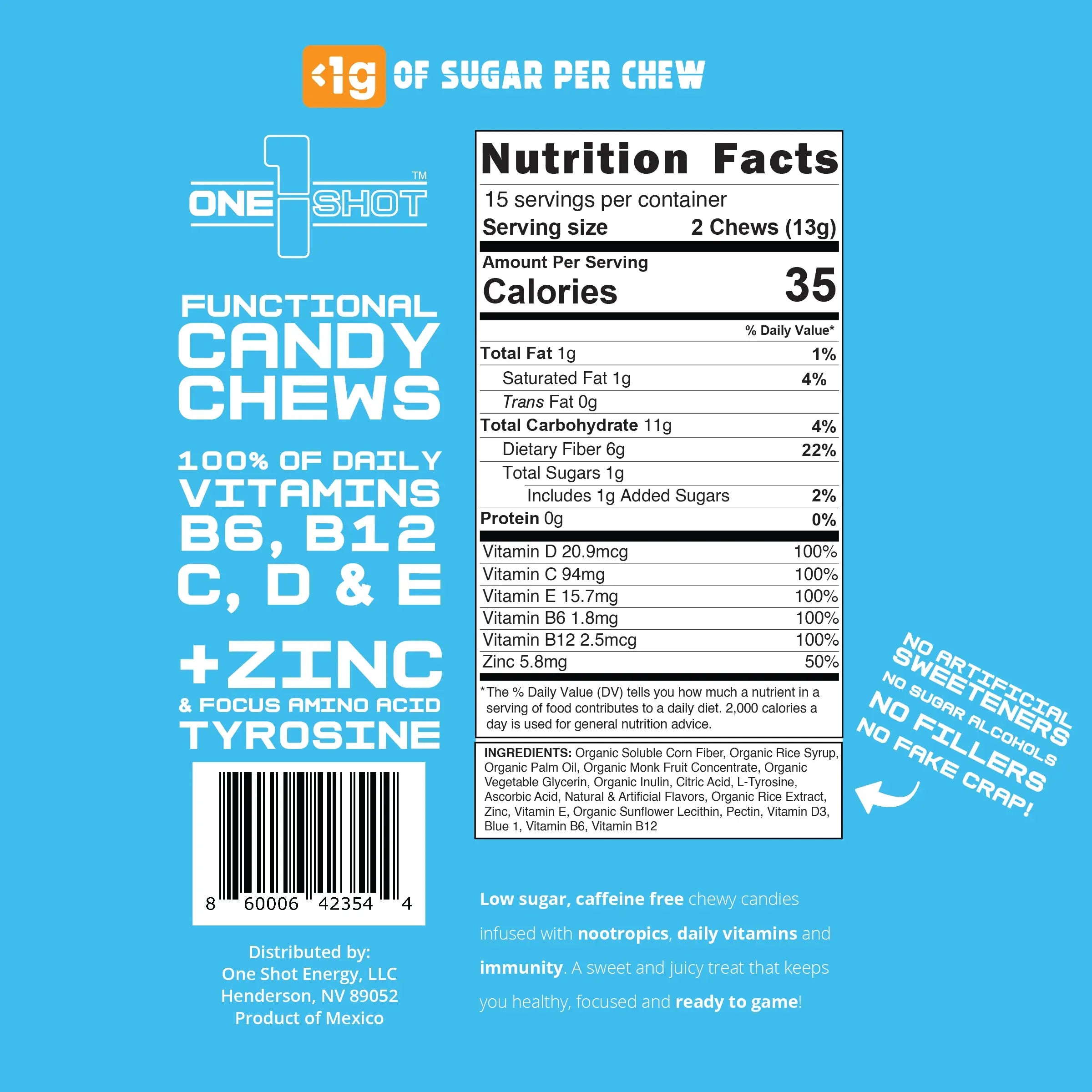 Blue Dungeon Raspberry Focus Chews | Nootropics, Vitamins & Immunity (30 Pieces) | Inspired by New Rockstars 1 Shot Energy