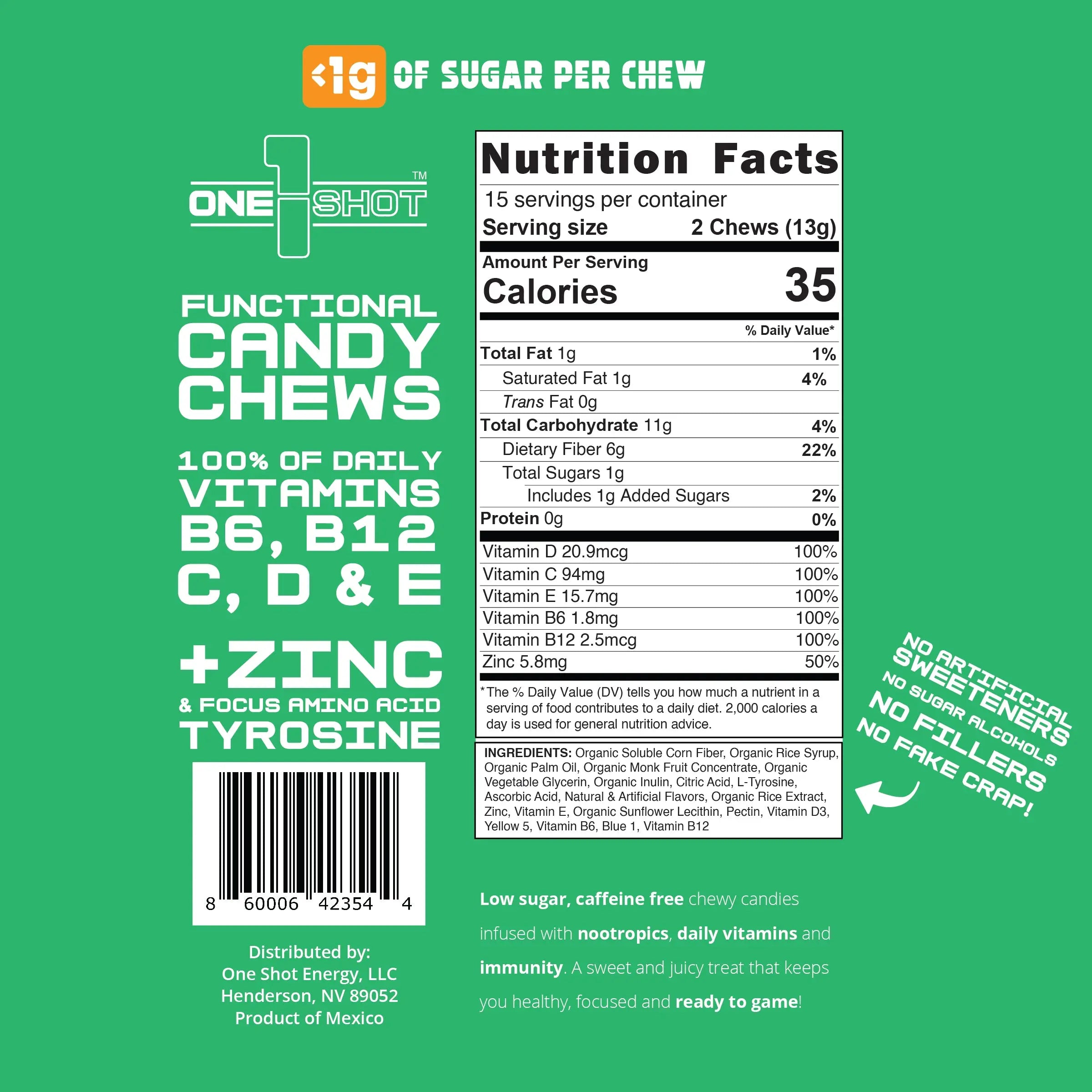 Lemon Lime Focus Chews | Nootropics, Vitamins & Immunity (30 Pieces) 1 Shot Energy