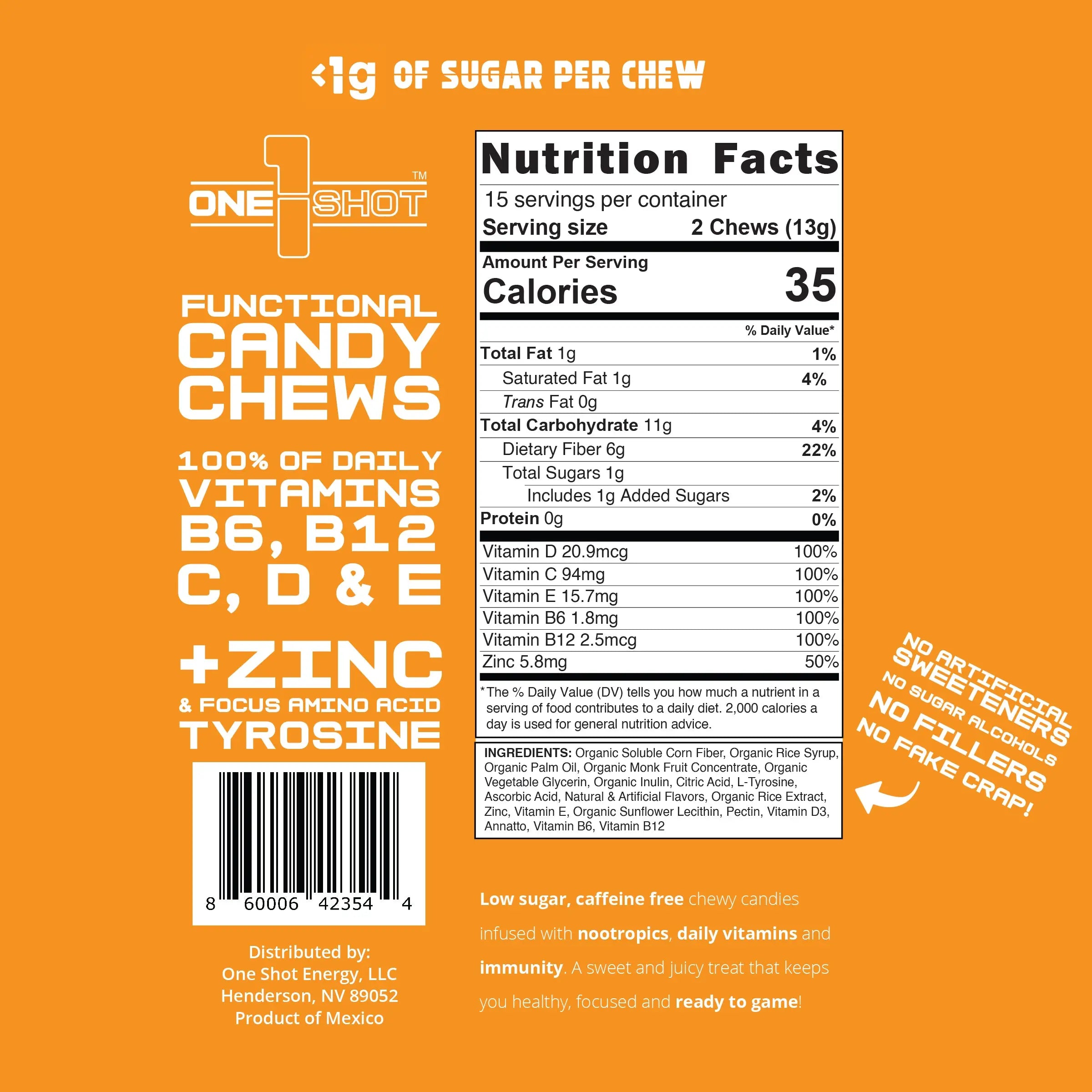 Mandarin Orange Focus Chews | Vitamins & Immunity (30 Pieces) 1 Shot Energy